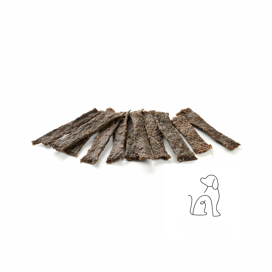 Kausnack für Hunde: Streifen aus 100 % Ziegenfleisch, geeignet für Hunde mit Allergien. Hypoallergen, getreide- und glutenfrei, ideal für empfindliche Mägen